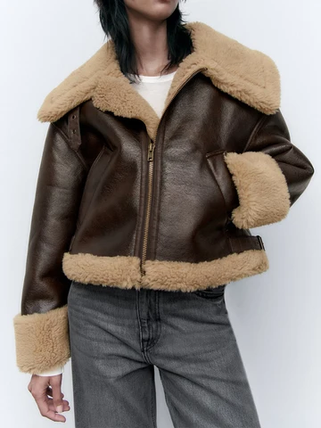FTLZZ новое зимнее толстое пальто из искусственной кожи с мехом из овечьей кожи, женская модная короткая куртка из искусственной кожи на молнии с отворотом, женская теплая Байкерская верхняя одежда