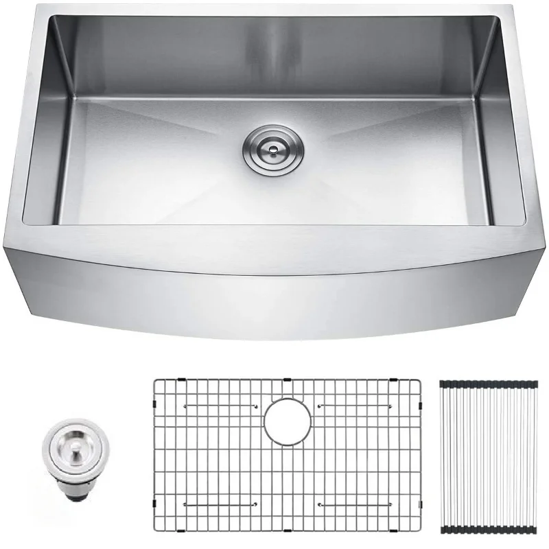 

Brushed Nickel 16 Gauge Stainless Steel 33 In. Single Bowl Farmhouse Apron Kitchen Sink with Bottom Grid And