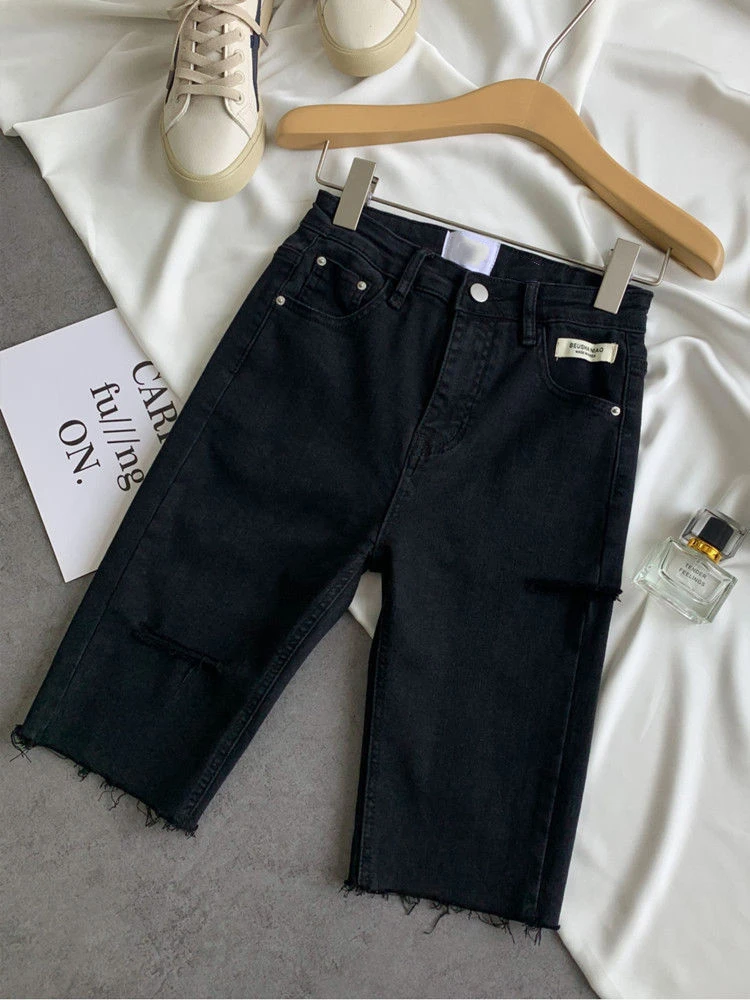 Five-point Denim Shorts Women's Summer Thin Section Large Size Elastic Tight-fitting Ripped High Waist Blue Straight Jeans Pants