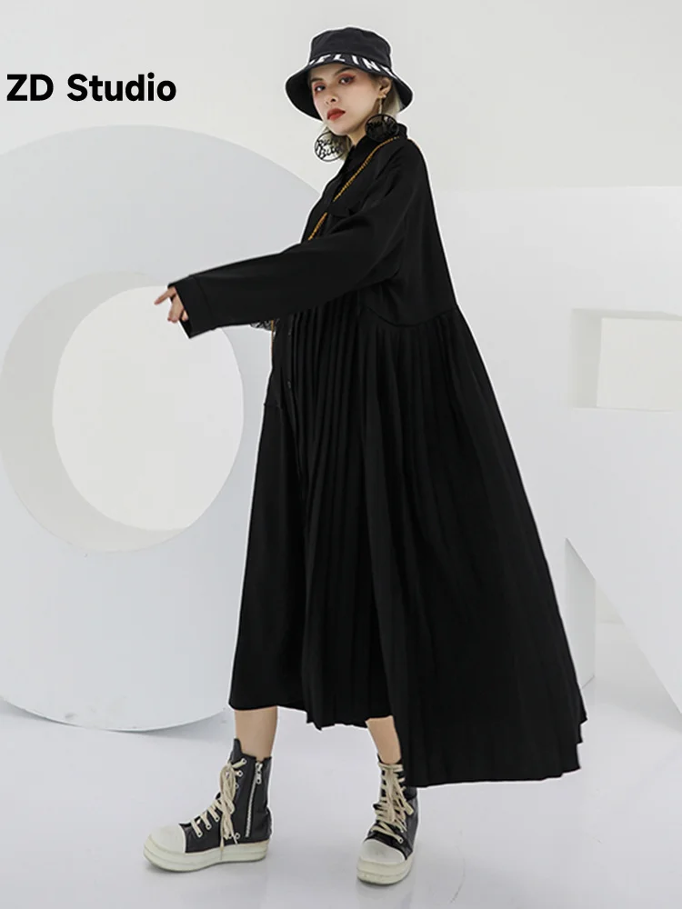 

[ZD Studio] Women Black Pleated Irregular Size Shirt Dress New Lapel Long Sleeve Loose Fit Tide Spring Autumn 2023