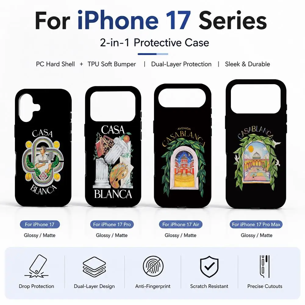 Фото Чехол-накладка 2-в-1 из пленочного материала для iPhone 17, 16, 15, 14, 12, 17 Air, 16e, 13 Pro MAX, 16 Plus. Горячая новинка: чехол Casablanca. №2