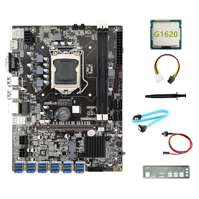 

B75 12USB BTC Mining Motherboard+G1620 CPU+4Pin To 6Pin Cable+SATA Cable+Switch Cable+Baffle+Thermal Grease