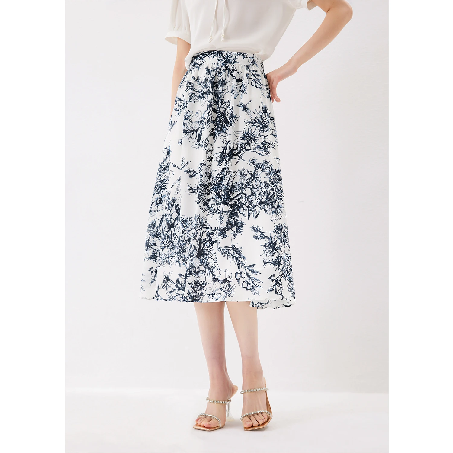 

Shuchan Print Chinese Style Long Skirts for Women A-LINE Natural Silk Mid-Calf Empire Faldas Largas Faldas Mujer Moda 2023