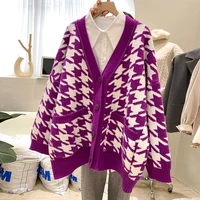 houndstooth cardigan for women spring autumn loose long sleeve v neck knitting jacket lady casual plaid sweater outwear top