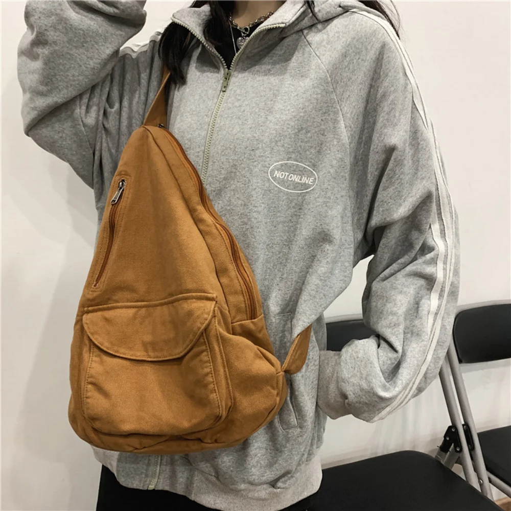 Solid Color Canvas Crossbody Sling Bags Women Simple Versatile Fanny Packs Female Casual Fashion Large Capacity Chest Bag