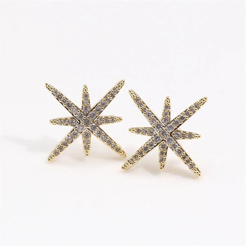 

14K gold stud plated with real gold craft inlaid with diamond temperament star S925 silver needle women's fashionable eight star
