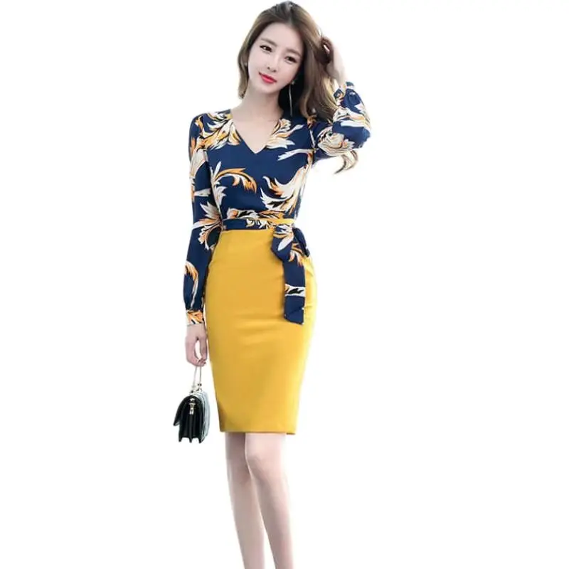 

Fake two-piece dress women's summer new western style fashion long sleeves dress v-neck temperament slim hip dress belt