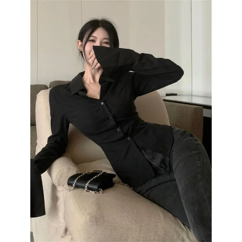 Корейская модная женская рубашка элегантная черная с длинным рукавом Gyaru