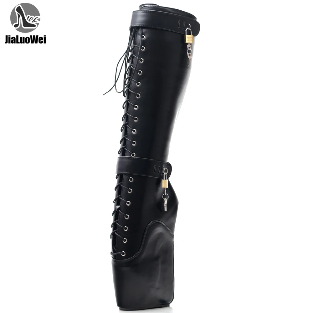 18cm Extreme High Heel Fetish Sexy Wedges Lace-up Buckle Heelless Ballet Boots unisex Lockable Knee-High Boots