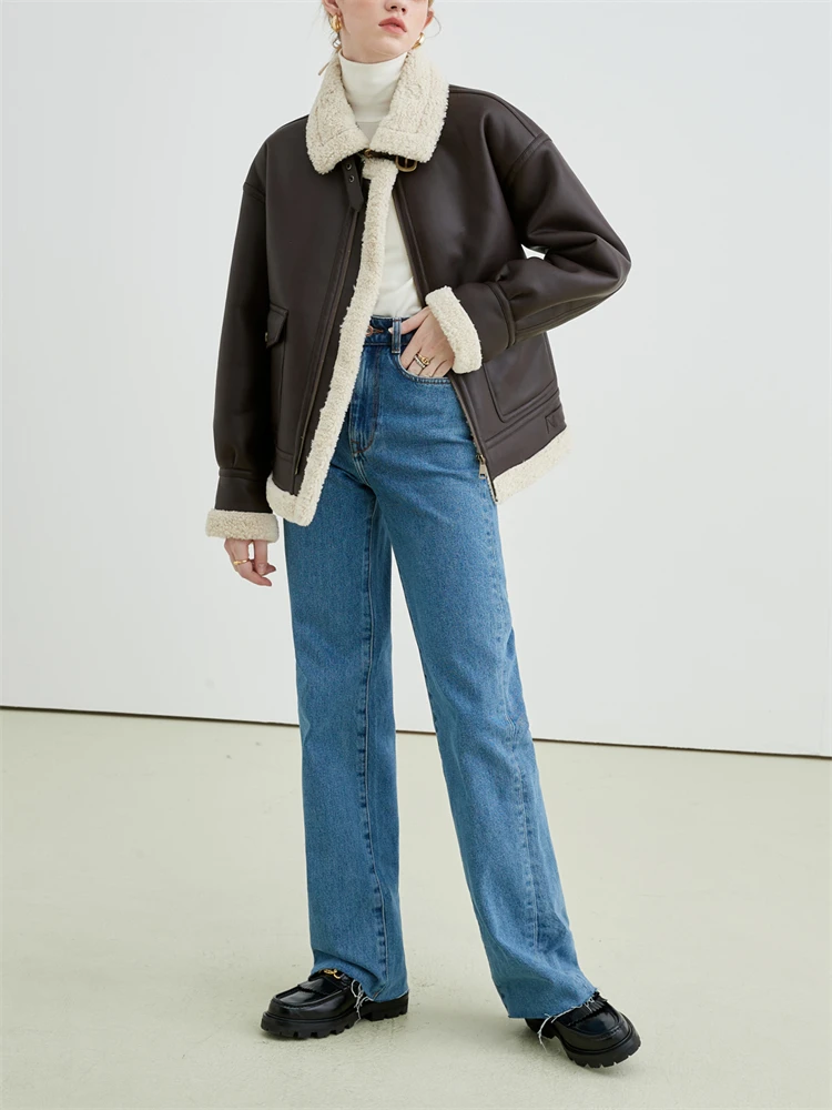Lamb Fur One Piece Plush Collar Coat Women's Autumn Winter New Color Contrast Warm Loose Long Sleeve Versatile Jacket Female
