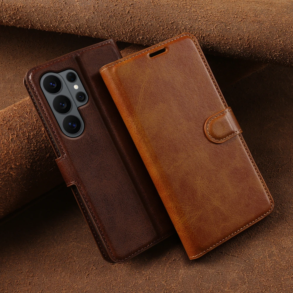 Фото Премиальный чехол-флип из телячьей кожи для Samsung Galaxy S26 Ultra Plus S25 FE S24 S23 S22 S21 Ultra: чехол-кошелек, сумка, кейс №1