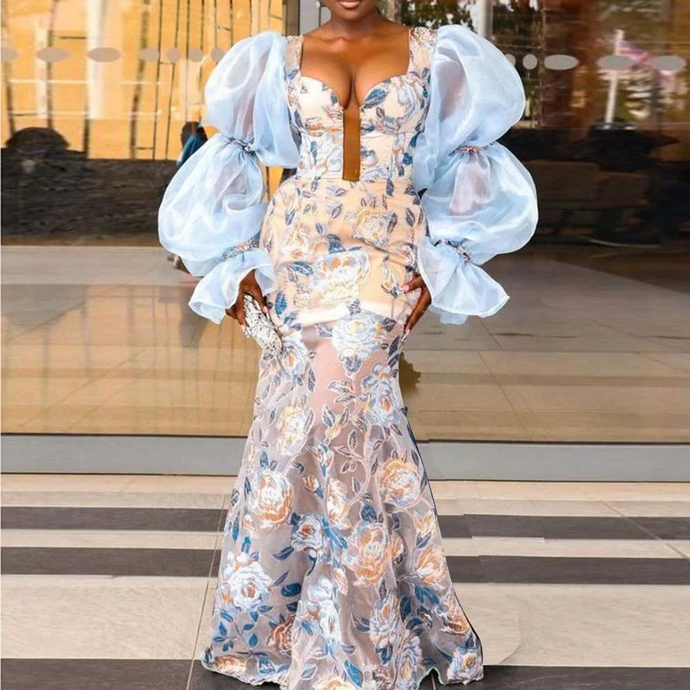 

Fashion V-Neck Floral Printed Split-Joint Ruffled Empire Maxi Dress
