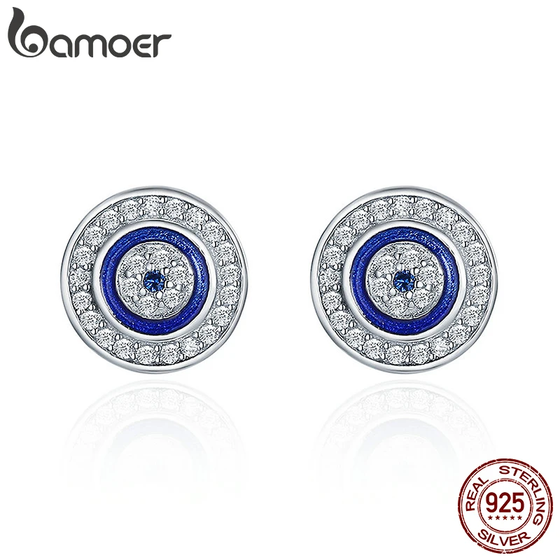 

BAMOER Hot Sale Authentic 925 Sterling Silver Blue Eye Round Stud Earrings for Women Fashion Sterling Silver Jewelry SCE148