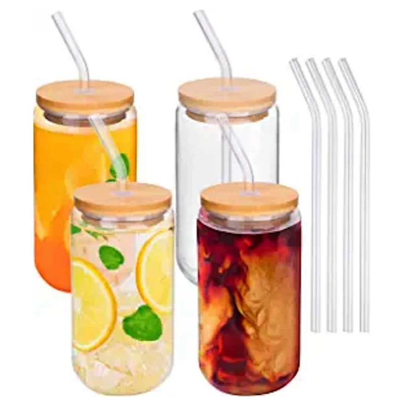 

Glass Cups With Lids And Straws Cute Coffee Cups With Lids And Straw 16Oz Drinking Glasses 4Pcs Set