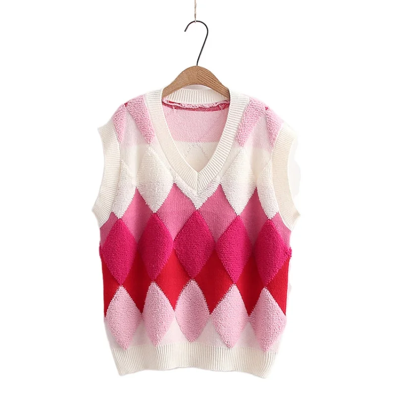 

Argyle Jacquard Pullover Women Casual Knitwear 2022 Spring V Neck Sleeveless Korean Ladies Basic Daily Sweater Vest