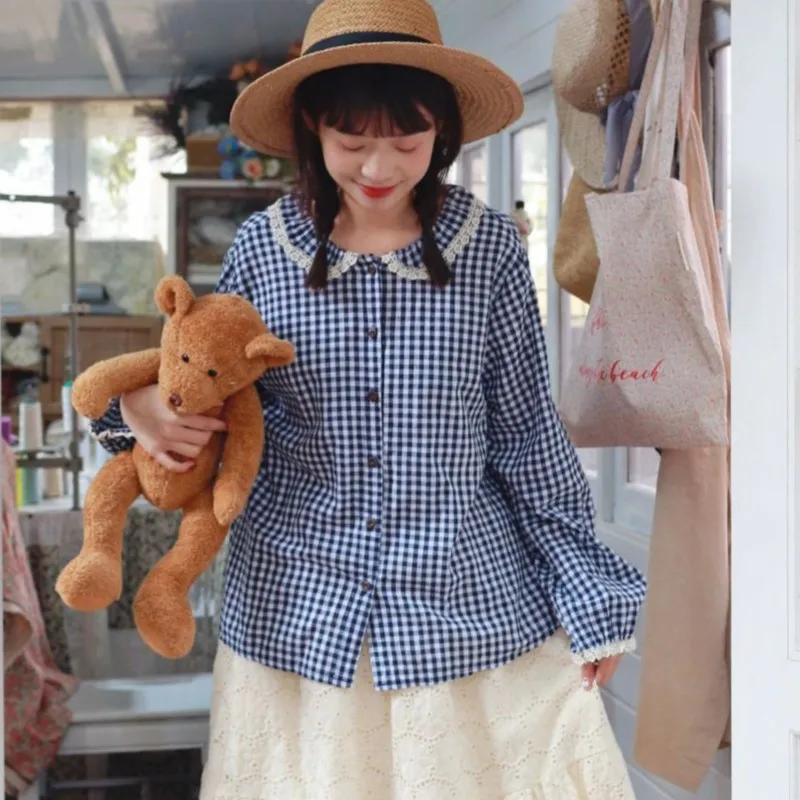 Johnature весенняя новинка милый женский литературный кукольный воротник клетчатая