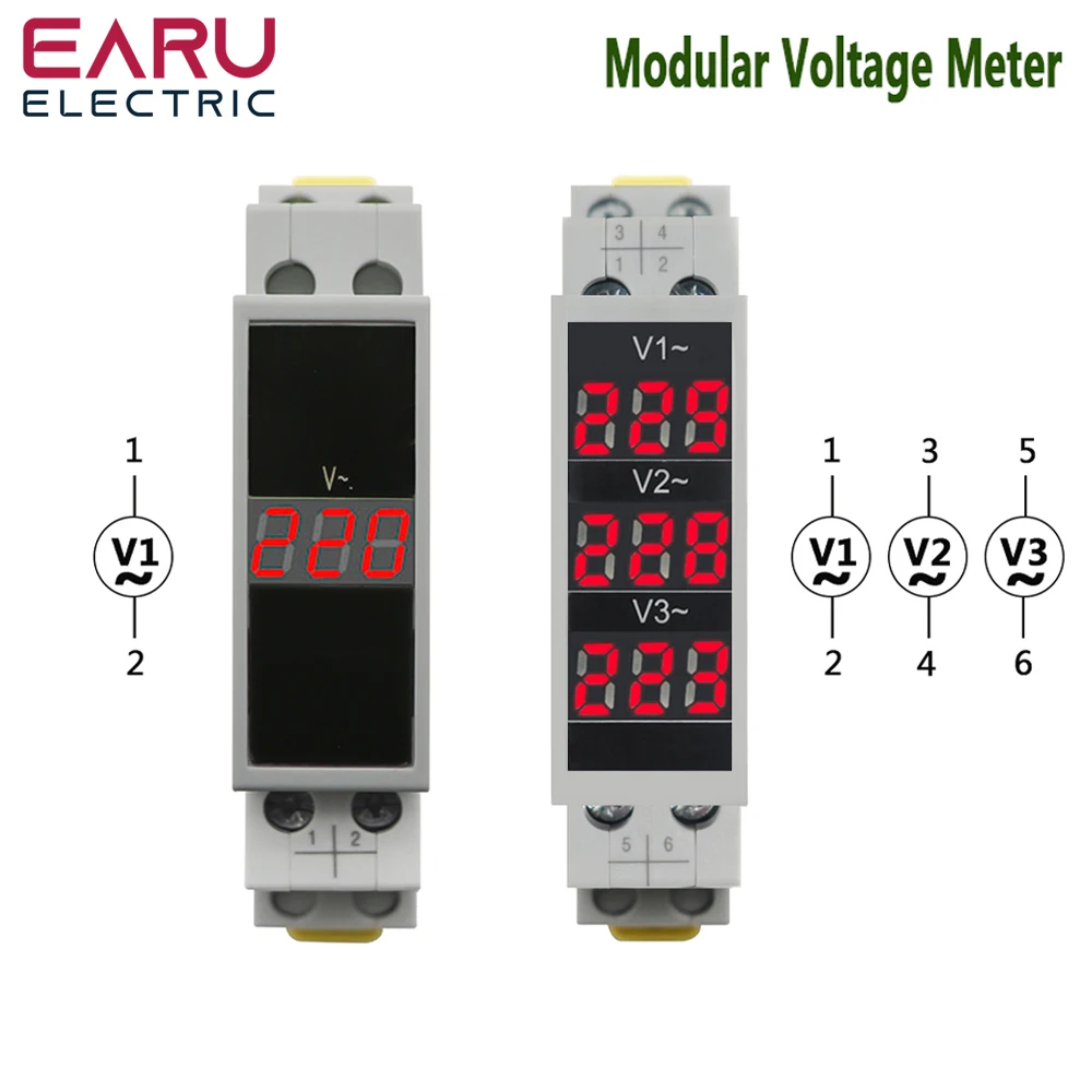 

Din Rail 18mm Voltage Meter AC 80-500V 220V 380V Single Three Phase Modular Voltmeter Indicator LED Digital Display Detector