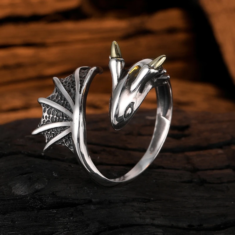 

S925 Sterling Silver Flying Dragon Ring Retro Niche Design Personalized Index Finger Adjustable Opening For Trendy Insets