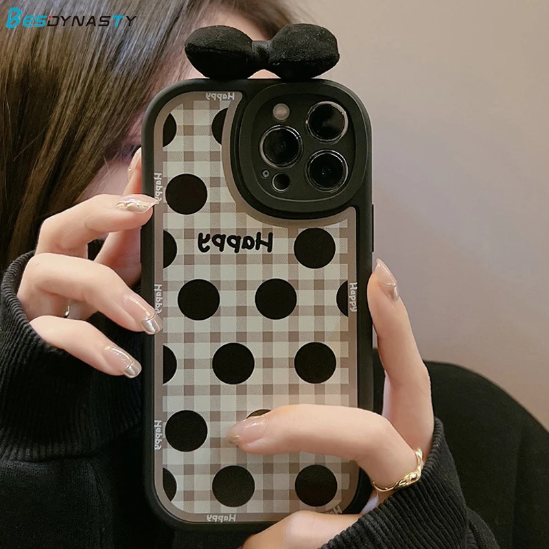 

BESD Retro Black bow tie Plaid dot Phone Case For iPhone 14 13 12 11 Pro Max Mini XR XS X 7 8 Plus Shockproof Cute cover Funda