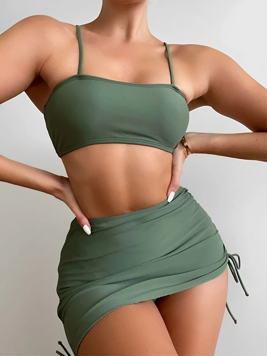 Женское бикини с подкладкой и кулиской однотонный купальник из 3 предметов