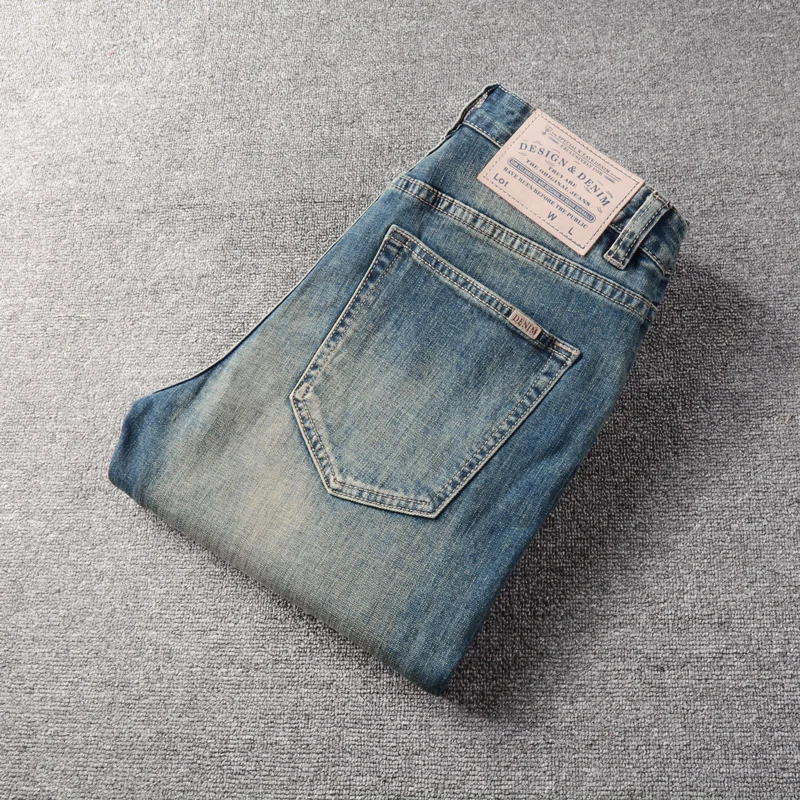 Fashion Vintage Men Jeans High Quality Retro Blue Elastic Slim Fit Ripped Jeans Men Denim Trousers Casual Designer Pants Hombre