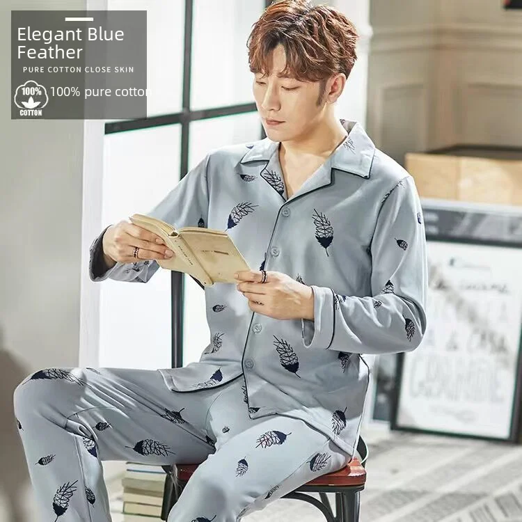 Мужской пижамный комплект из 100% хлопка с длинными рукавами повседневная тонкая