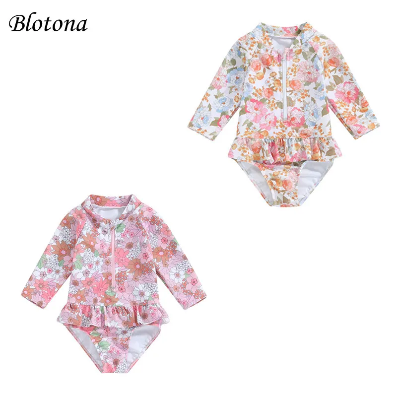 Купальник для девочек с длинным рукавом на молнии цветочным принтом