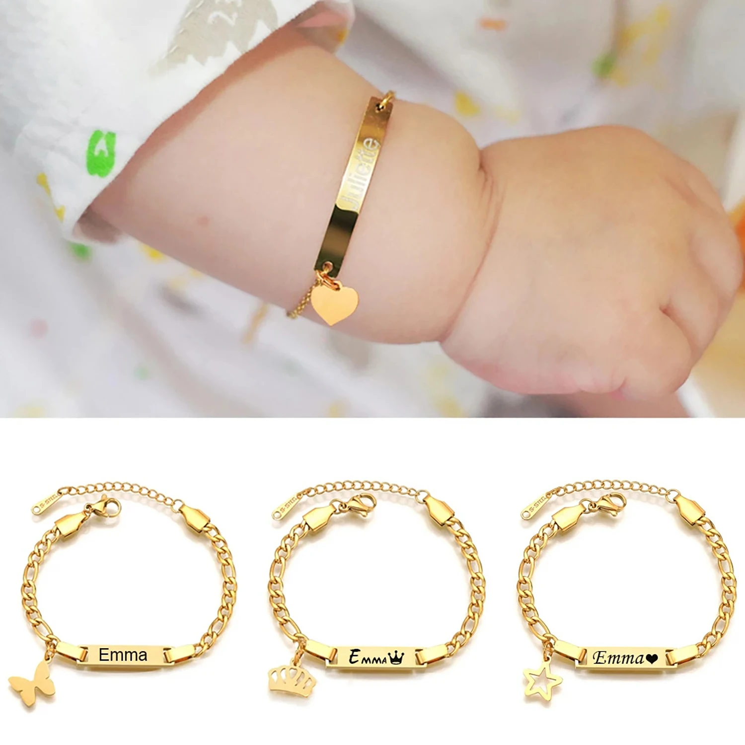 

Personalized Name Baby ID Bracelet Stainless Steel Curb Chain Link Crown Bracelet Engraved Name Letter Date Bracelets Jewelry