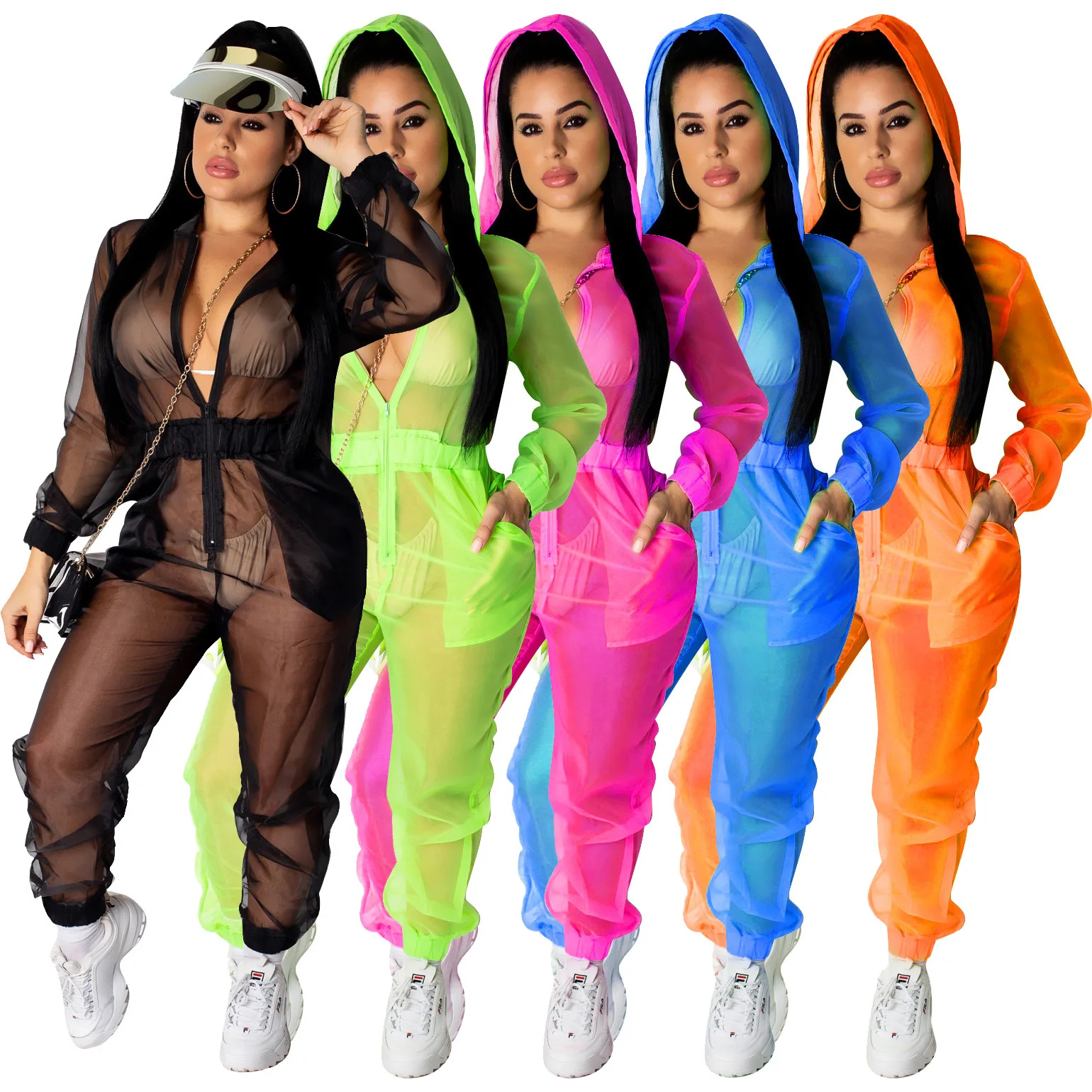 

Sexy Mesh Long Jumpsuit Women Pullover Hoodie See Through Pockets Street Cargo Pants Autumn Party Organza Clubwear Romper