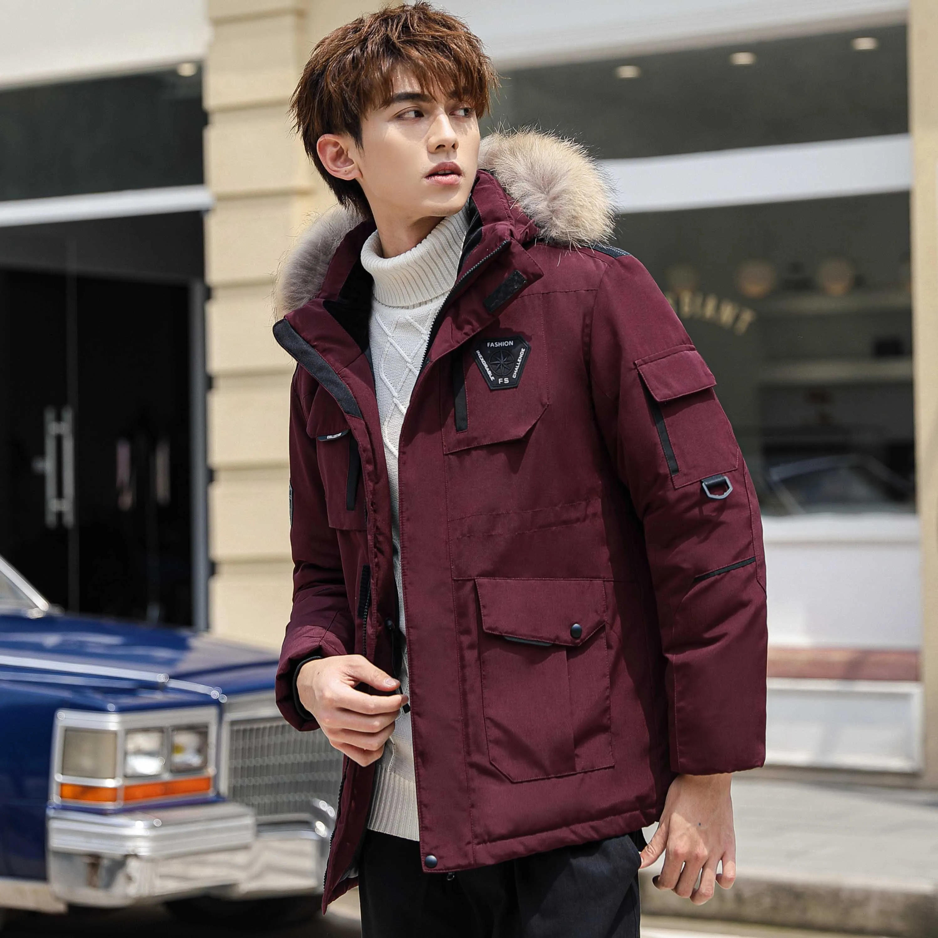Men's fashion casual plus velvet thickened hooded down jacket duck down removable cap three-color optional duck down jacket