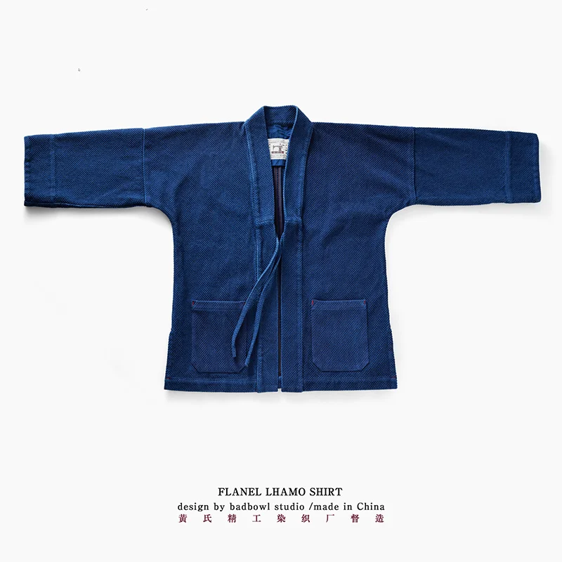 

BADBOWL Men's Japanese Retro Casual Plant Indigo Jackets Blue Dyeing Kendo Fabric Vintage Jacket Male Thick Oversize Loose Coat