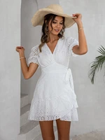 simplee puff sleeve lace up embroidery summer women dress white hollow out mini party vestido elegant ruffle v neck office robe