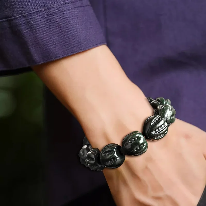 Мужской браслет из натурального нефрита Lucky ширина 22 5 мм резной черный зеленый