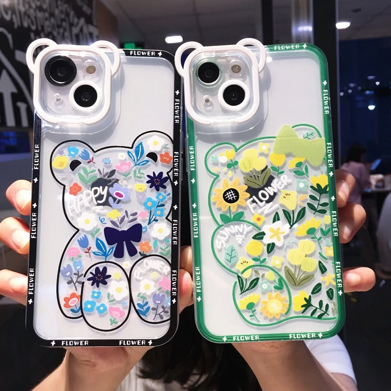 Cute Bear Camera Lens Phone Case For iPhone 13 Pro Max 12 Pro 11 X XS Max XR Flower Bear Print Soft Clear Cover