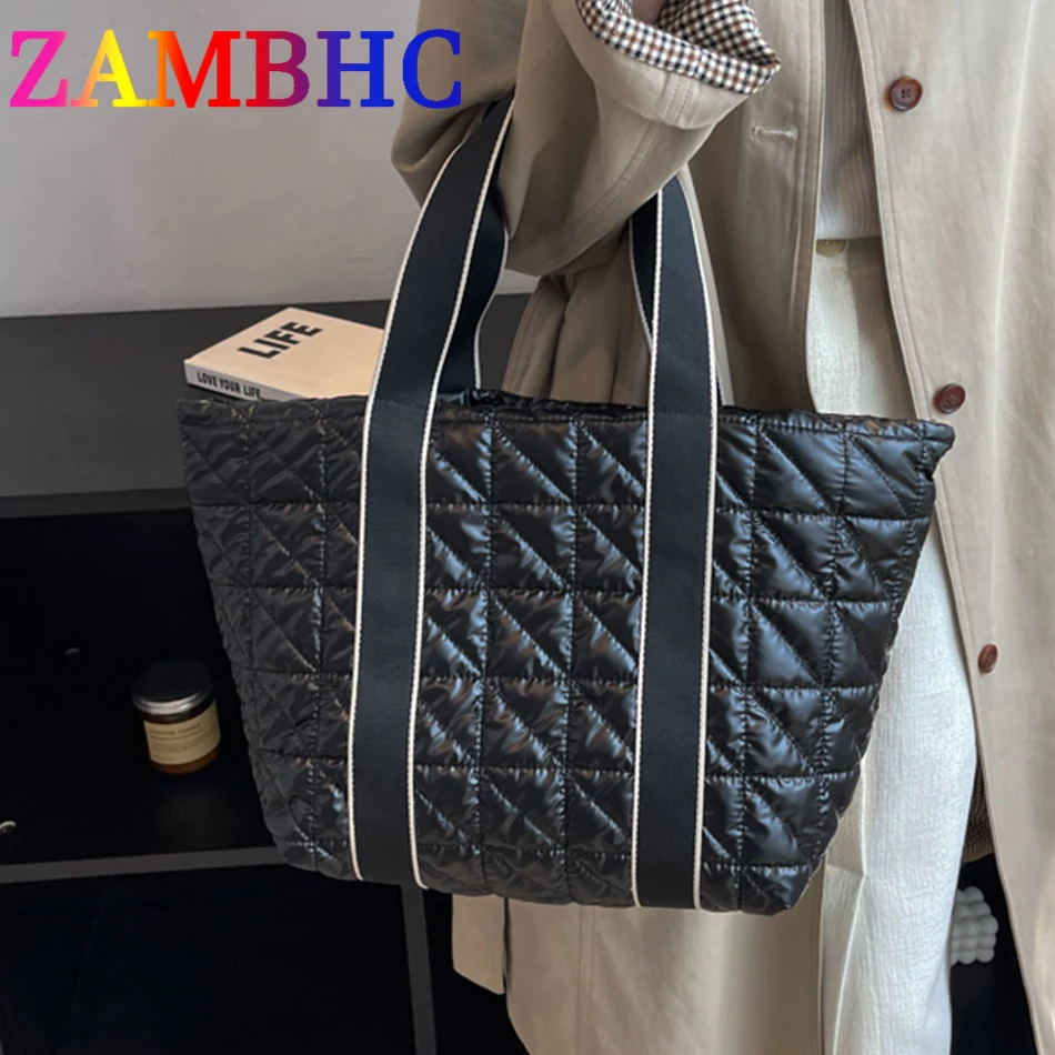 

Large Capacity Women's Padded Handbags Quilted Down Fabric Cotton Shoulder Crossbody Bags 2022 Winter Designer Female Totes Bag