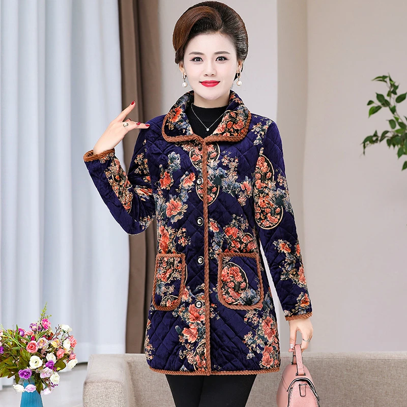 Aged Women Winter Quilted Coat Red Blue Green Floral Thermal Thick Padded Overcoat Warm Fleece Cosy Comfort Basic Coats 60s 70s