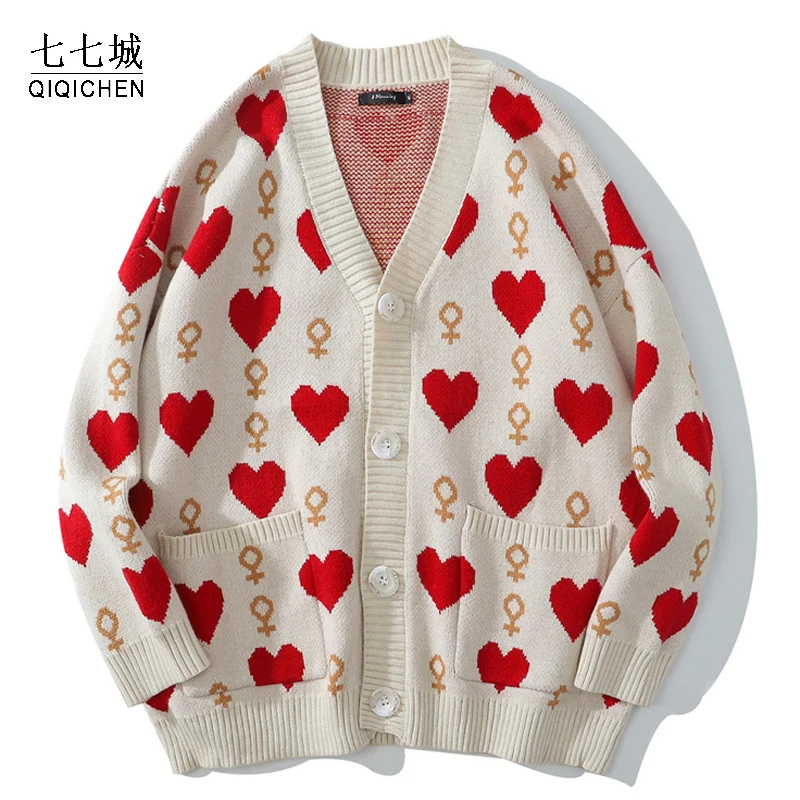 Heart-shaped Cardigan Sweater Men Street Oversized Knitted Pullover Casual Hip Hop Couple Jumper Harajuku V-neck Cardigan Unisex