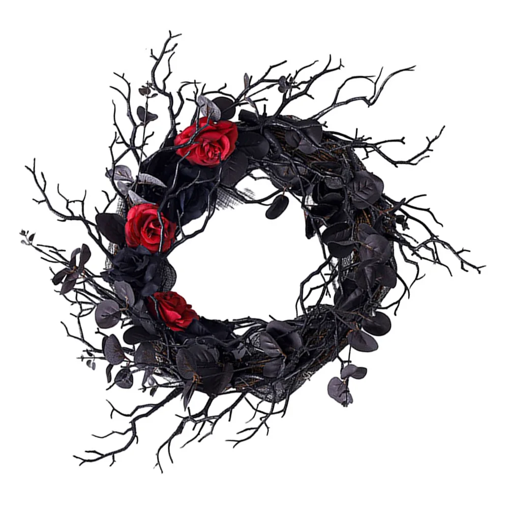 

Halloween Door Hanging Spooky Dead Branch Garland with Simulation Flowers 50cm Black Rattan Wreath Attractive Design