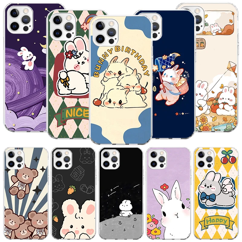 Мультяшный милый чехол с кроликом для телефона iPhone 11 12 13 14 15 Pro XS XR X Max 7 8 Plus Mini + SE