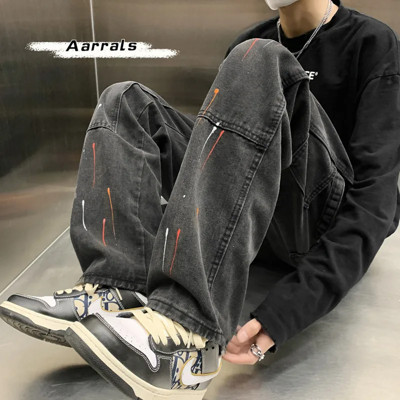 Blue Black Baggy Graffiti Jeans Men Fashion Casual Wide Leg Jeans Mens Streetwear Loose Hip Hop Straight Denim Pants Men M-2XL