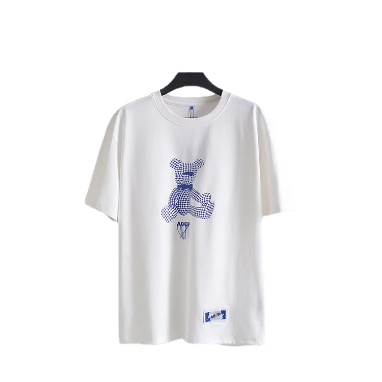 

ADERERROR Street Fashion Brand Thousand Bird Plaid Stereotyped Bear Print Men's and Women's Couple Round Neck T-shirt AT402
