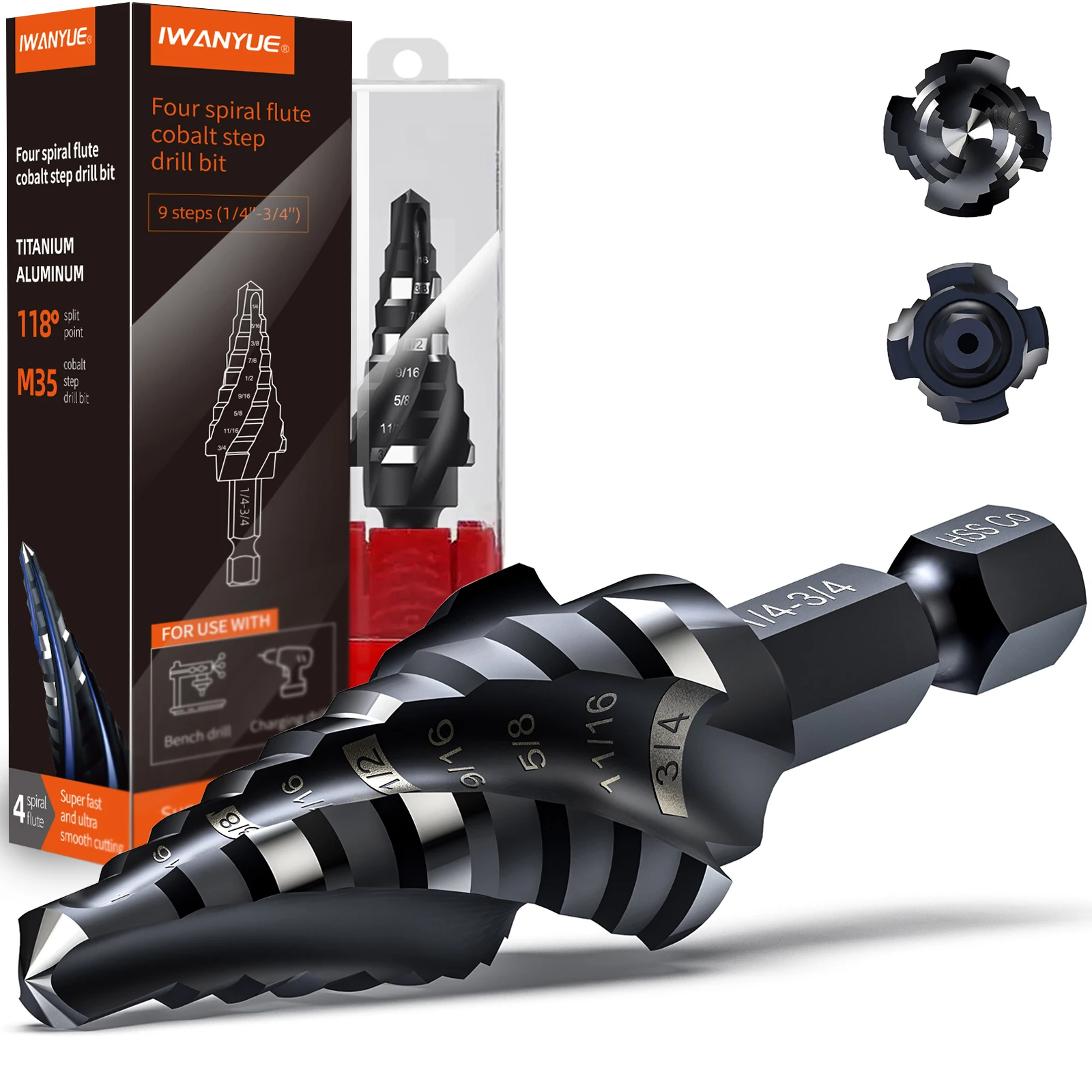 

Ступенчатое сверло OraiKone 1/4"-3/4", 4 спирали, кобальтовое покрытие