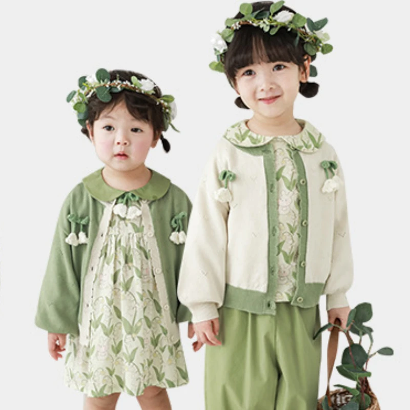 Spring Baby Girls Dress Simple Green Cute Cotton Casual Wear 1-6 Years Long Sleeve Tops Trousers Toddler Clothes