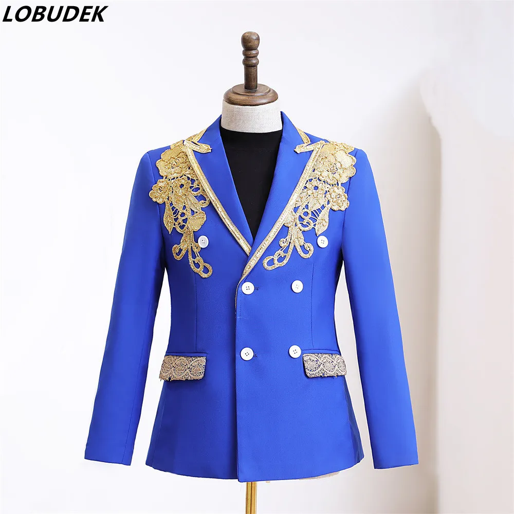 

Мужской синий блейзер в стиле милитари, двубортный приталенный смокинг с вышивкой и переводной картинкой, пальто для бара, певицы, костюм для выступления на сцене, куртки