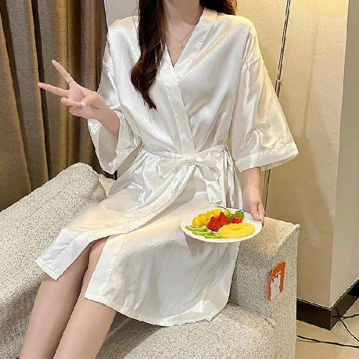 CAIYIER Summer New Women Silk Satin Short Night Robe Sexy Plus-size Ice Silk Pajamas Ladie Simple Solid Color Robe Home Wear