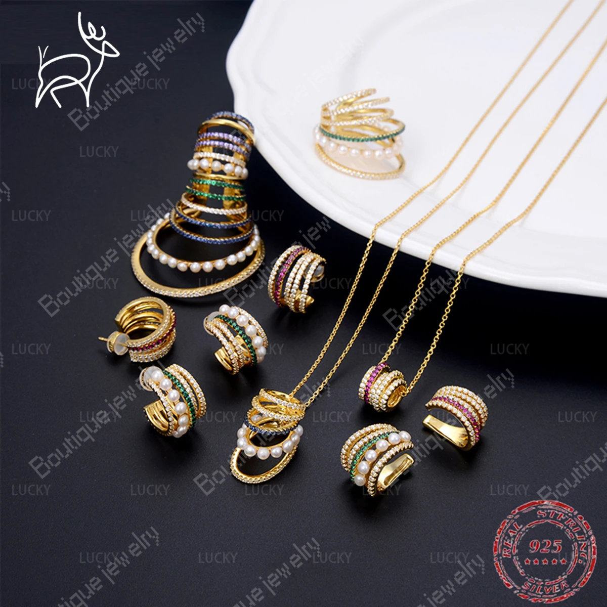 

S925 Silver Multi Circle Color Hollow Sterling Silver Diamond Three Needle Earring Bone Clip Luxury Jewelry Monastic Temperament