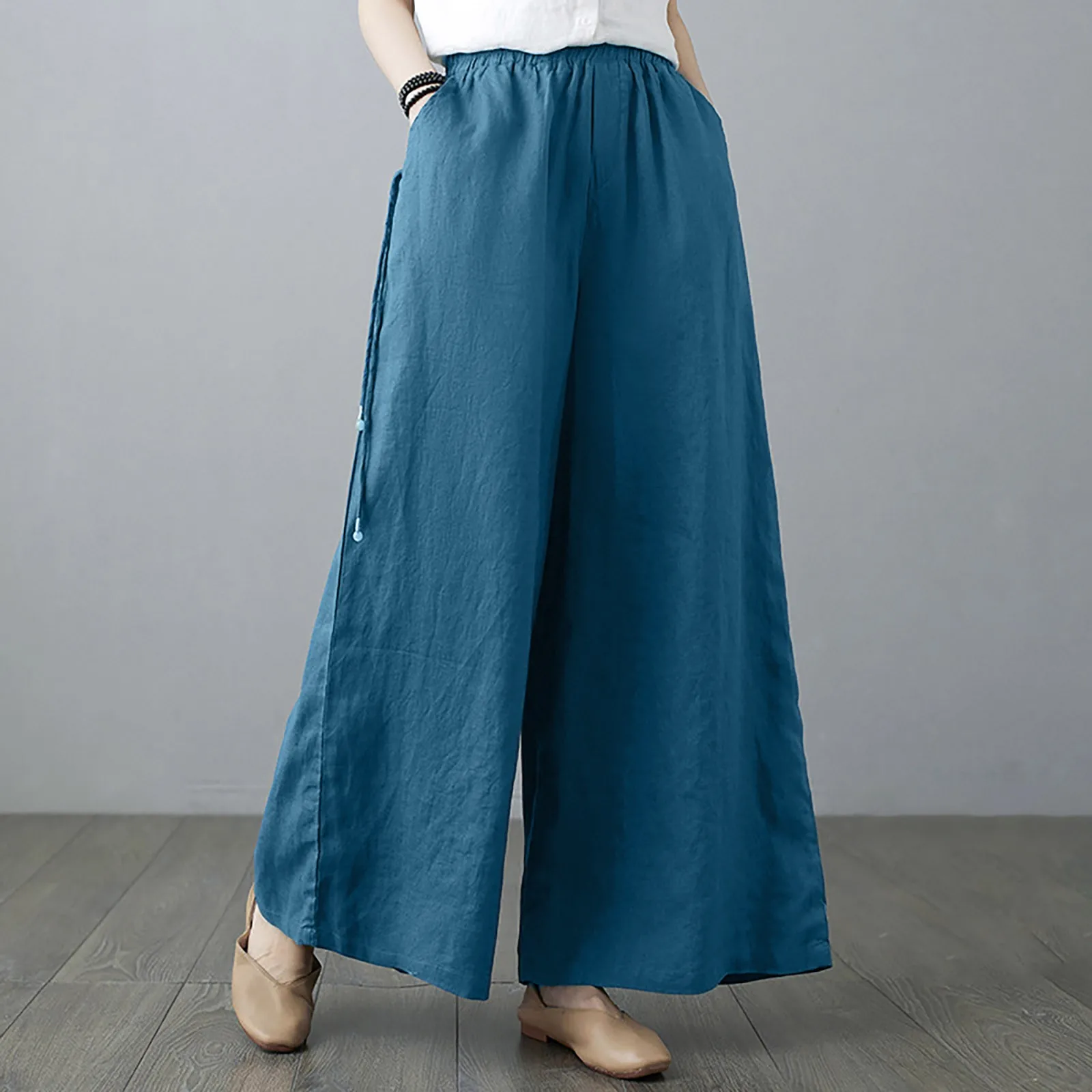 

Womens Cotton Linen Wide Leg Pants Elastic Breathable Trousers Loose Solid High Waist Oversize Pants With Pockets Trousers