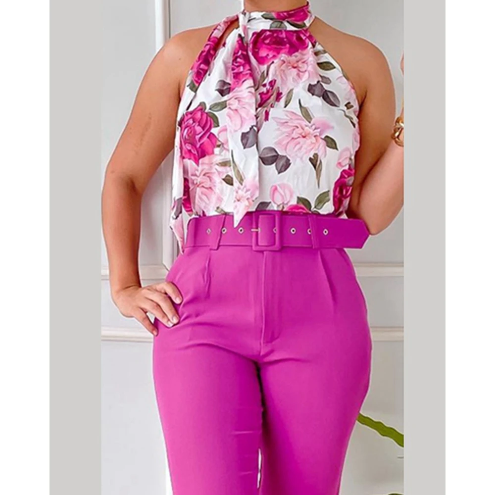 Summer Women Floral Print Halter Tank Top & High Waist Pants Set With Belt Female O-Neck Two Pieces Suit Set Workwear Outfits