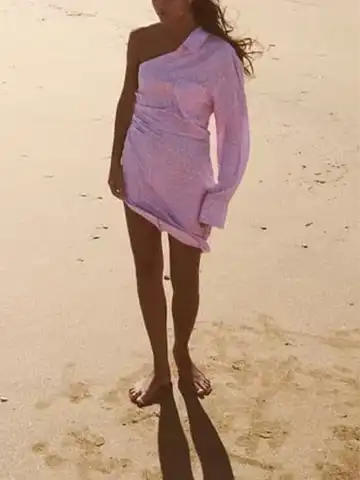 New women's summer outdoor fashion slanted collar beach wind mid-length skirt pocket one-sleeved striped asymmetrical dress