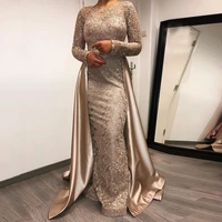 exquisite gold wedding evening dress for bride long sleeves vintage lace applique floor length glitter engagement party gown